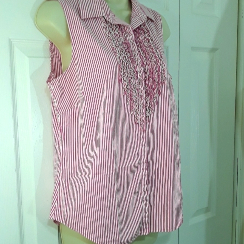 Lauren Ralph Lauren Cotton Striped  Pink White Sleeveless Top Button Down Sz 10 - Picture 3 of 9
